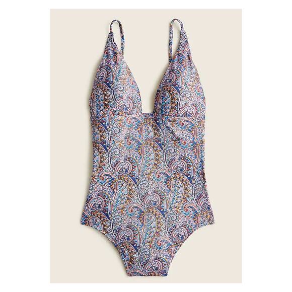 J.Crew x Liberty of London Plunge V Neck Swimsuit Tropical Prince Paisley Sz.12 - Picture 1 of 14